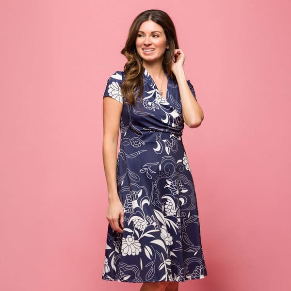 Womens 24/7 Comfort Apparel Navy Print Short Sleeve Wrap Dress