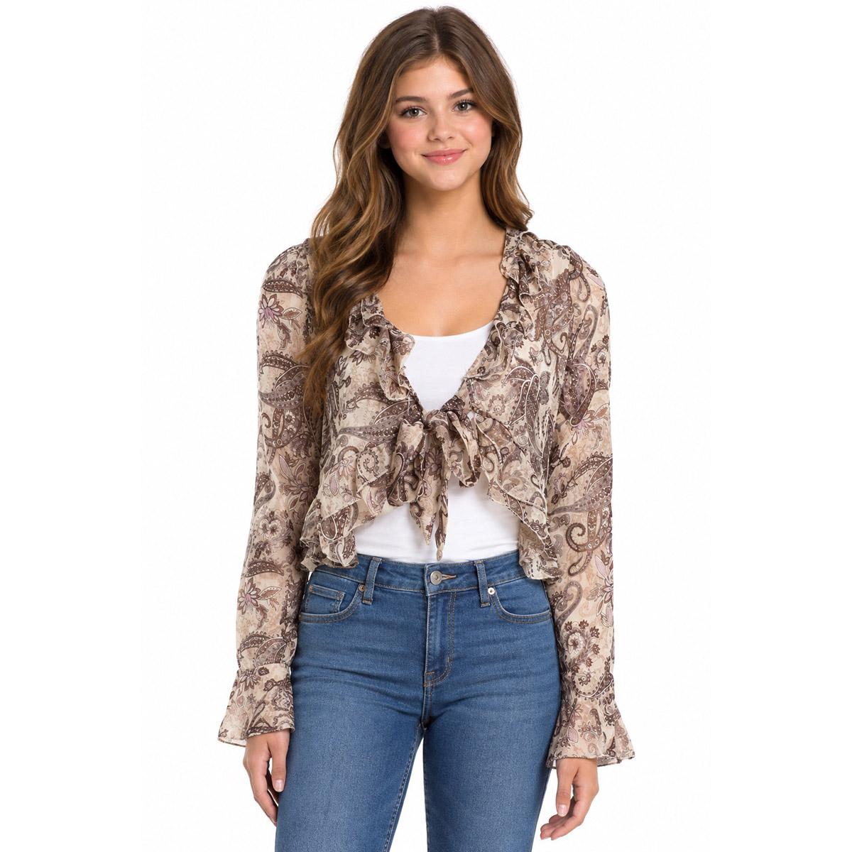 Juniors No Comment Tie Front Ruffle Bell Sleeve Blouse