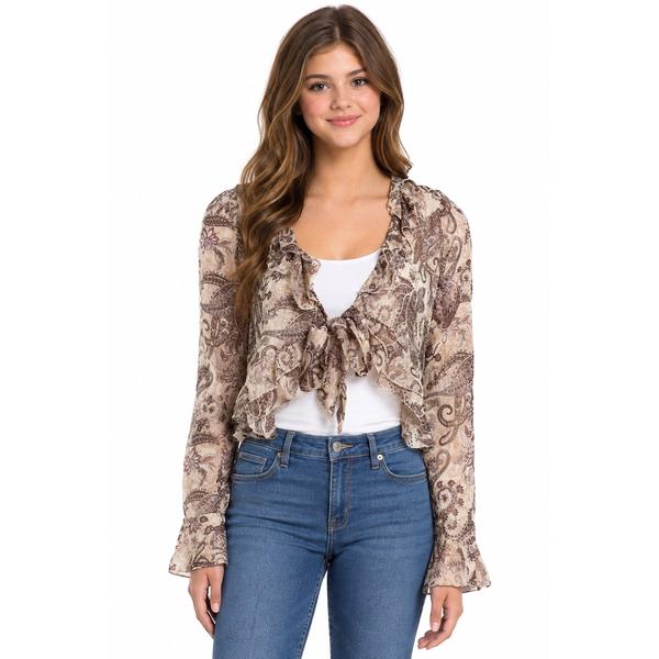 Juniors No Comment Tie Front Ruffle Bell Sleeve Blouse