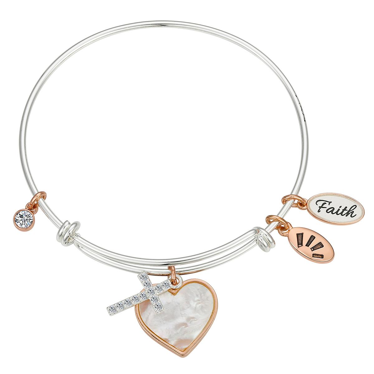 Shine Two-Tone Faith Heart & Cross Bangle Bracelet