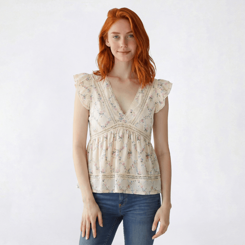 Juniors Self Esteem Flutter Sleeve Ditsy Jersey V-Neck Peplum Top