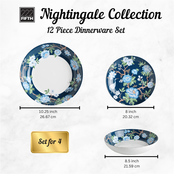 222 Fifth Nightingale 12pc Blue Florals Porcelain Dinnerware Set