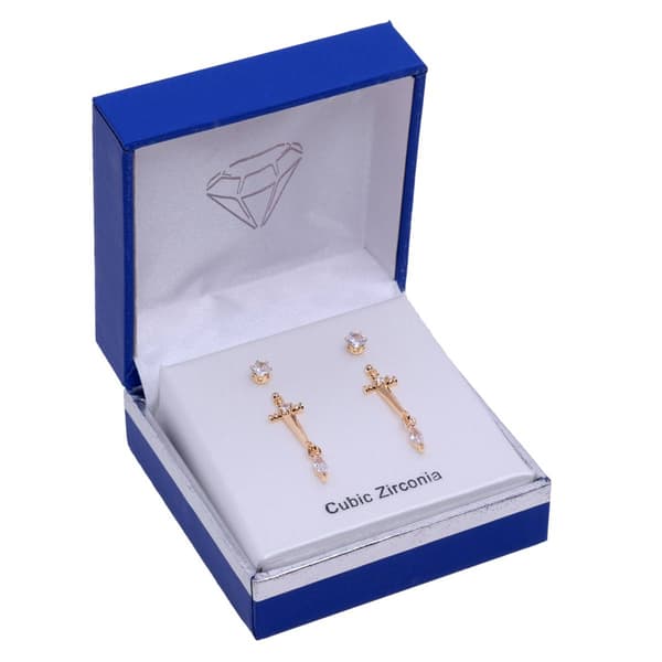 Gold-Tone CZ Cross & Round Stud Solitaire Earrings - image 