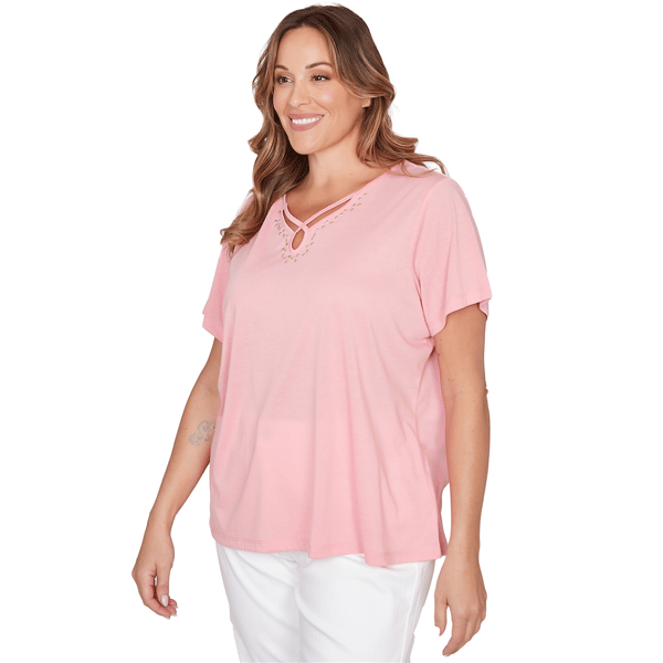 Plus Size Hearts of Palm Bloom Service Keyhole Neck Solid Blouse