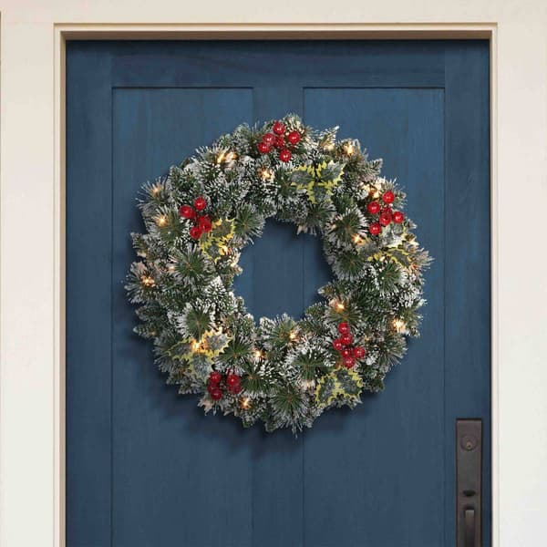 Puleo International 24in. Pre-Lit Snowy Silverton Pine Wreath