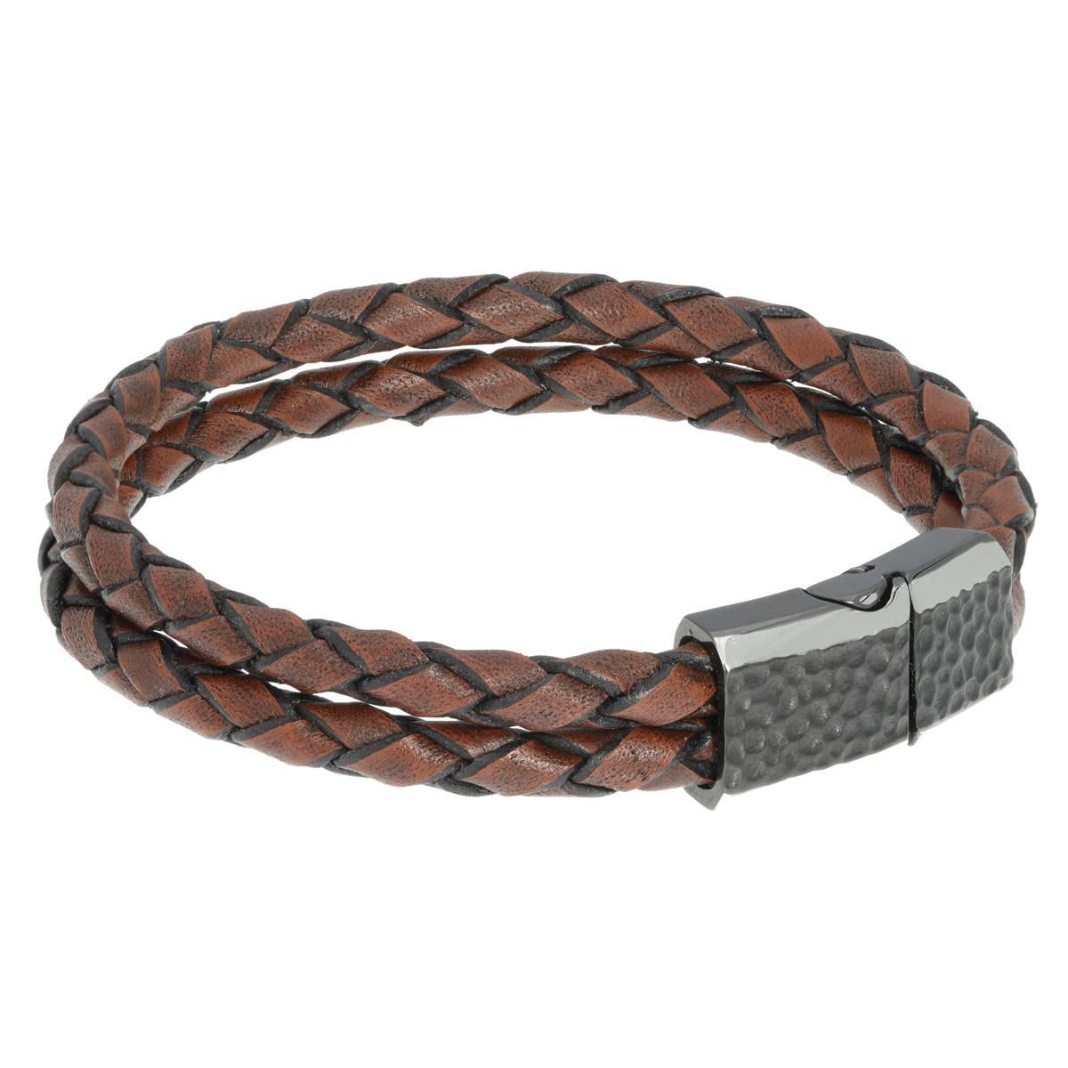 Mens Lynx Stainless Steel & Braided Brown Leather Bracelet