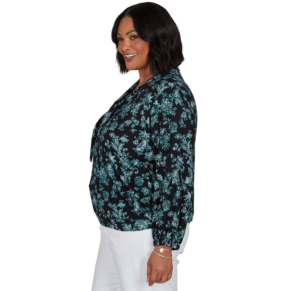 Plus Size Emaline Feminine Mystique Tie Neck Floral Blouse
