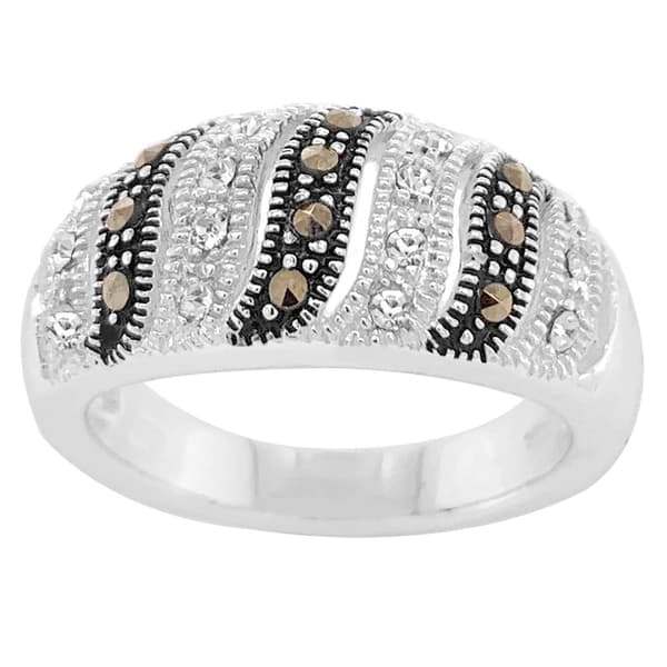 Marsala Fine Silver Plated Marcasite & Genuine Crystal Band Ring - image 