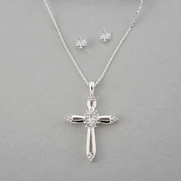 Design Collection Silver-Tone Marquis Cut CZ Pendant & Earrings - image 