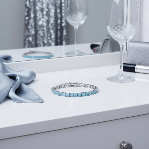 Saffron Silver Tone Square Tennis Bracelet with Turquoise CZ