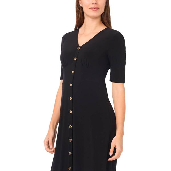 Womens MSK Elbow Sleeve V-Neck Button Trim Midi Dress