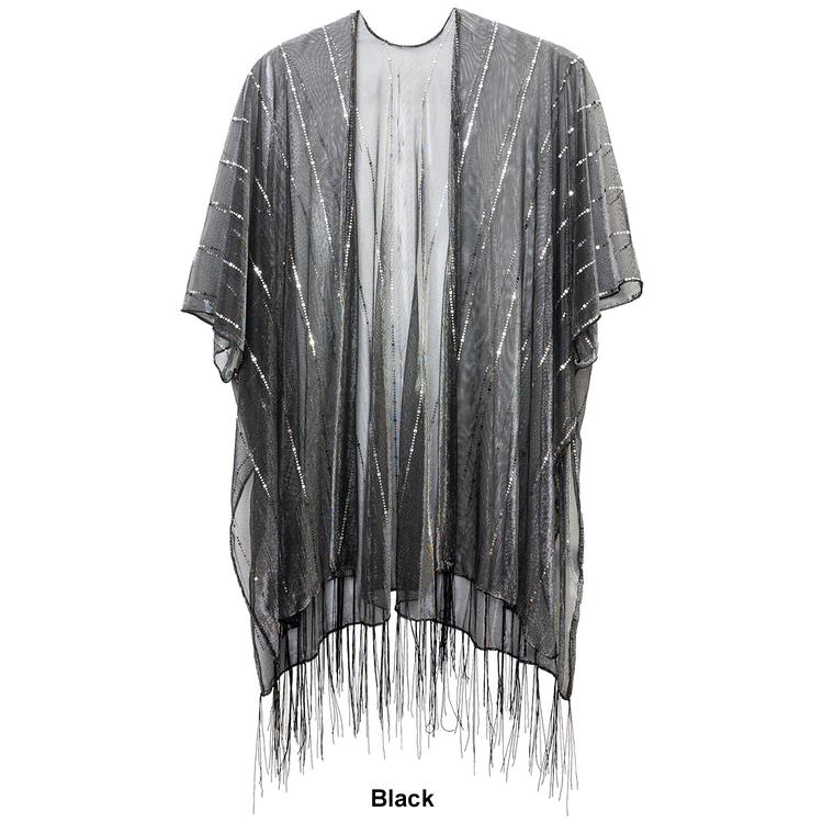 Womens Jessica McClintock Hologram Tie Front Fringe Kimono