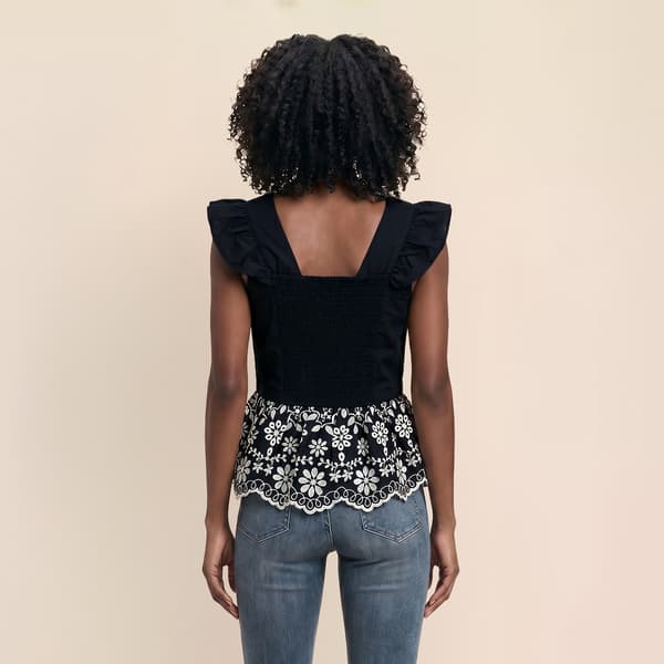 Womens Nanette Lepore Sleeveless Ruffle V Neck Eyelet Blouse