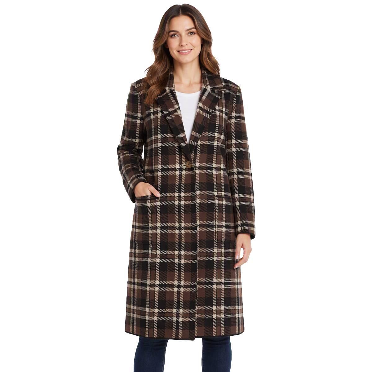 Womens Badgley Mischka Long Sleeve Plaid Notched Coatigan