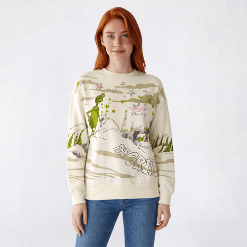 Juniors Hybrid Grinch Christmas Mountain Scene Crewneck Fleece