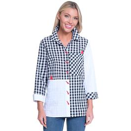 Petite Ali Miles 3/4 Sleeve Gingham & Solid Button Front Blouse