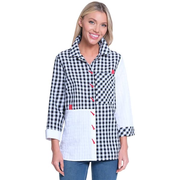 Plus Size Ali Miles 3/4 Sleeve Gingham & Solid Button Front Blous - image 