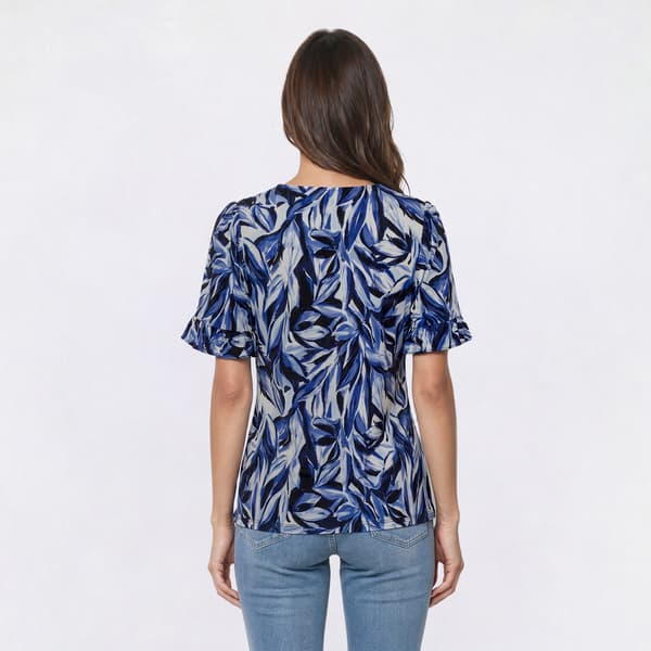 Womens Anne Klein Short Ruffle Sleeve V Neck Leaf Blouse