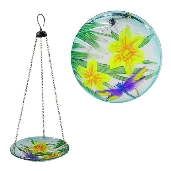 Alpine 10in. Flowers & Dragonfly Glass Hanging Birdfeeder - image 