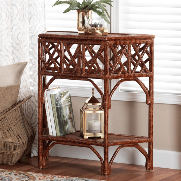 bali & pari Gaspar Marbled Tortoise Natural Rattan Console Table