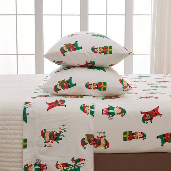 Freshfolds Cotton Christmas Elves Holiday 4pc. Flannel Sheet Set