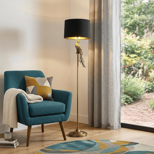 HomeRoots 65in. Gold & Black Floor Lamp with Fabric Drum Shade - image 