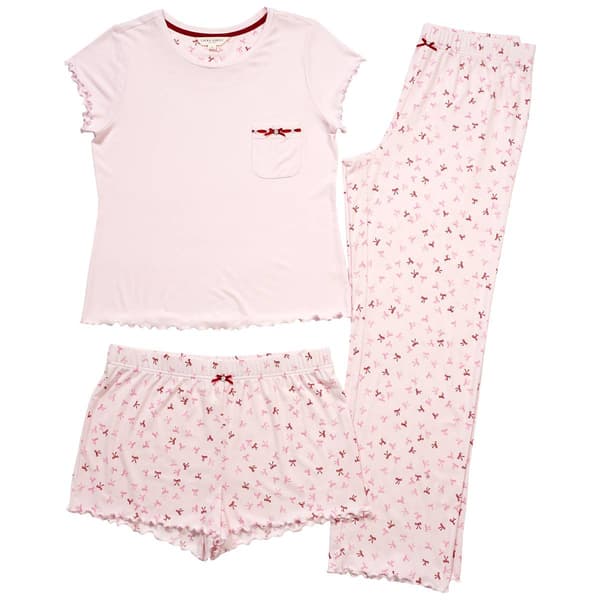 Womens Laura Ashley® Short Sleeve 3pc. Bow Ribbed Pajama Set - image 