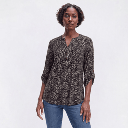 Womens Notations 3/4 Sleeve Pleated Abstract Henley Blouse