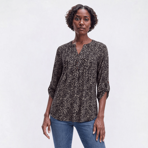 Plus Size Notations 3/4 Sleeve Pleated Abstract Henley Blouse