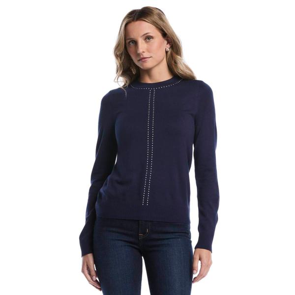 Womens Rafaella(R) Long Sleeve Solid Studded Crew Neck Sweater - image 