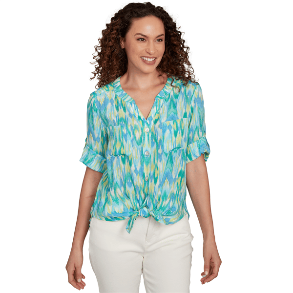 Plus Size Ruby Rd. Paradise Cove Paradise Ikat Button Tie Front - image 