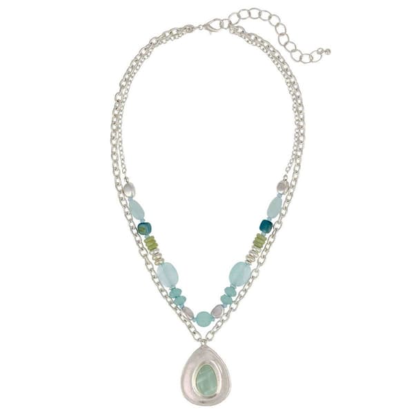 Ashley Cooper(tm) 2 Row Blue Beaded Necklace w/ Teardrop Pendant - image 