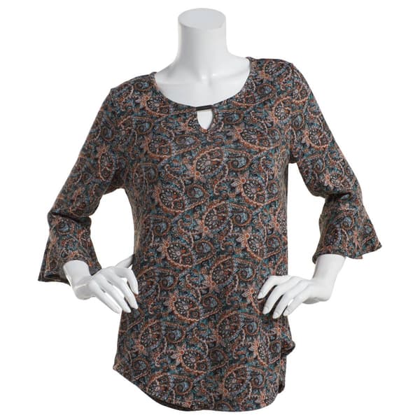 Womens Notations 3/4 Ruffle Sleeve Paisley Hacci Keyhole Blouse - Boscov's