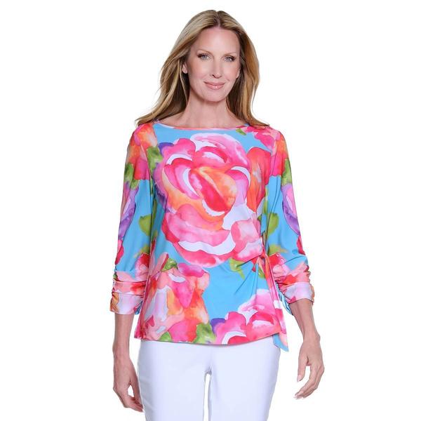 Womens Ali Miles 3/4 Ruch Sleeve Watercolor Floral Blouse - image 