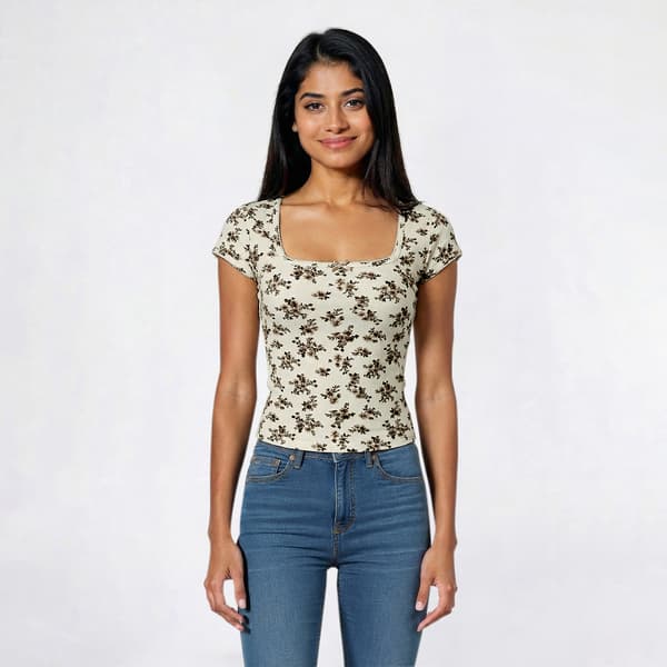Juniors Madden Girl Floral Ribbed Square Neck Tee With Trim - image 