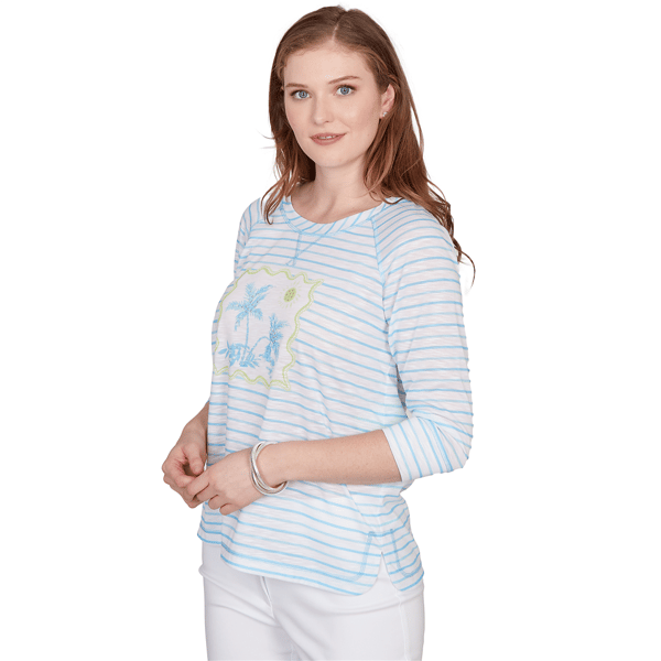 Petite Hearts of Palm Aqua Fresh 3/4 Sleeve Palm Tree Tee