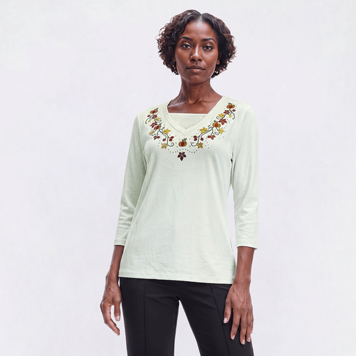 Petite Hasting & Smith 3/4 Sleeve Pumpkin Vines Embroider Tee - image 