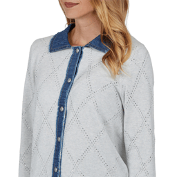 Womens Alfred Dunner Ann Arbor Denim Trim Rhinestone Cardigan