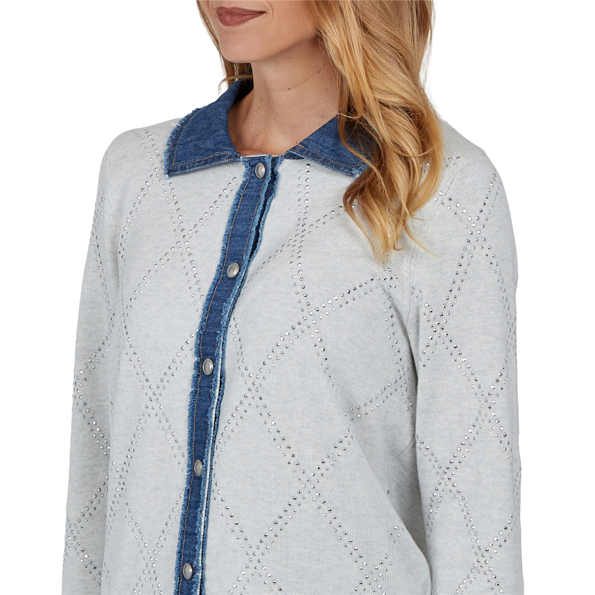 Womens Alfred Dunner Ann Arbor Denim Trim Rhinestone Cardigan