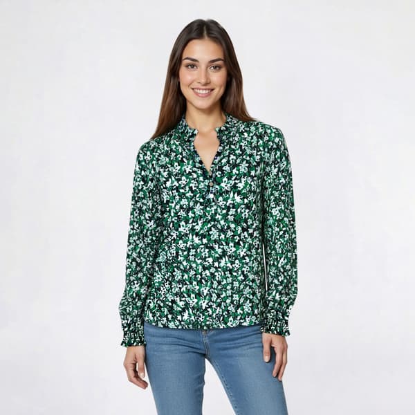 Womens Anne Klein Smock Cuff Sleeve Ruffle Neck Blouse - image 