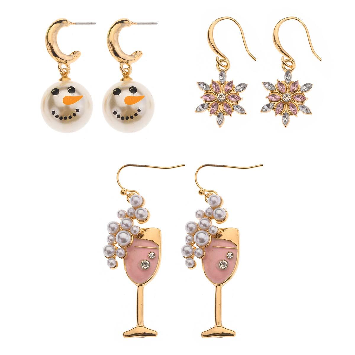 3pc. Pink & Gold Winter Dangle Charm Earring Set