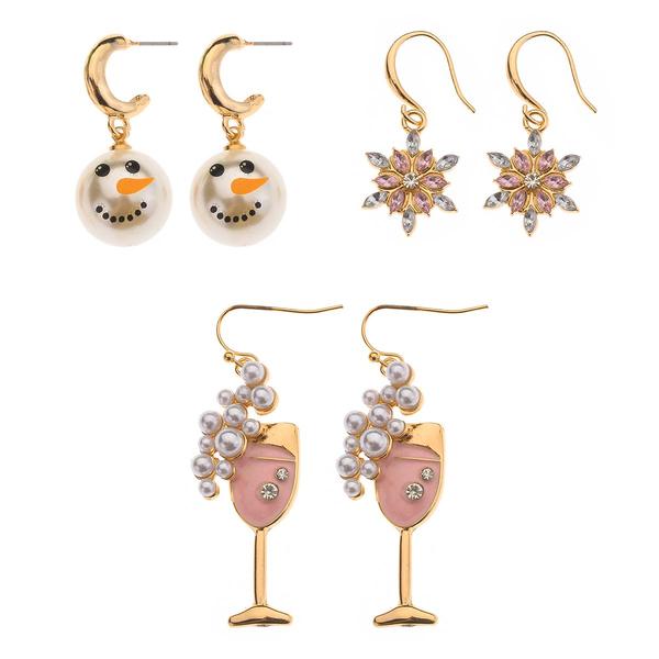 3pc. Pink & Gold Winter Dangle Charm Earring Set - image 