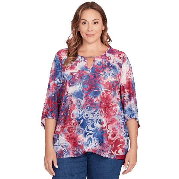 Women''s Ruby Rd. Indigo Go Tie Dye Floral Jacquard Top