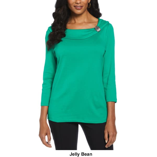 Petite Ella Rafaella&#174; 3/4 Sleeve Solid Marilyn Brooch Blouse