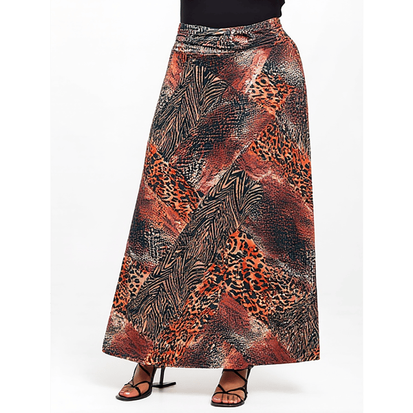 Plus Size 24/7 Comfort Apparel Brown Patchwork Maxi Skirt