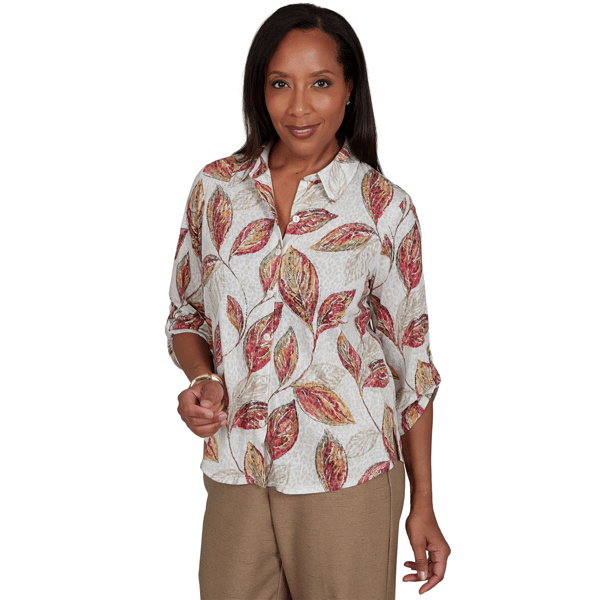 Petite Alfred Dunner Union Square Roll Tab Sleeve Leaf Blouse