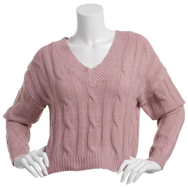 Juniors Pink Rose Delia Drop Shoulder Cable Knit Sweater - image 