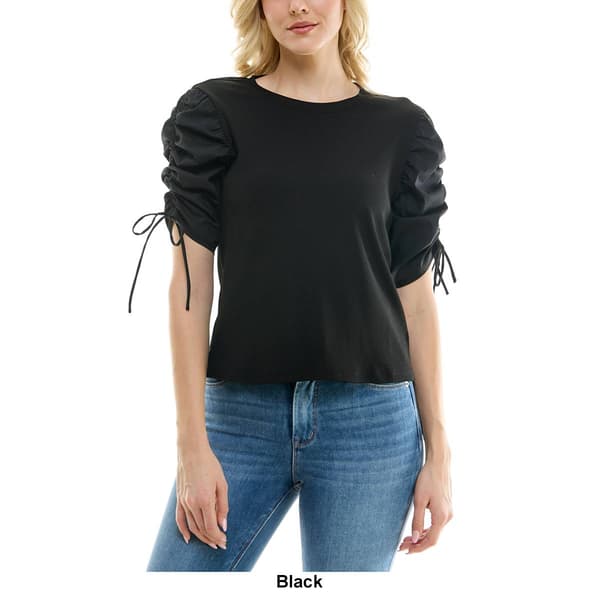 Womens Nicole Miller Solid Shirred Sleeve Cherie Rib Blouse