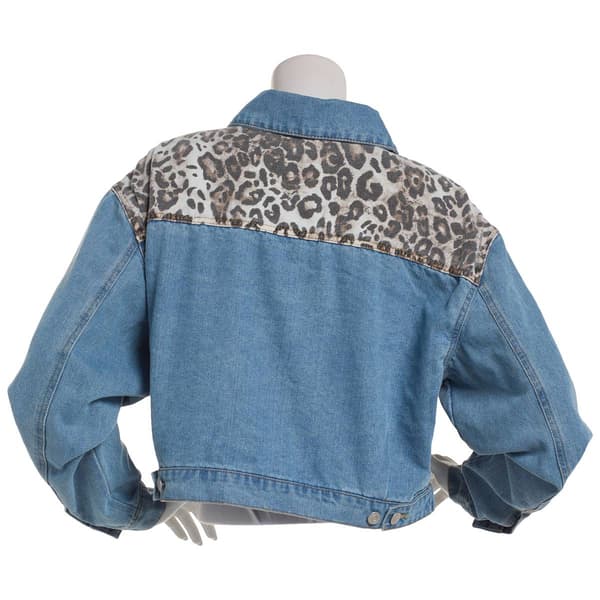 Juniors No Comment Denim Trucker Jacket w/ Leopard Twill Panels
