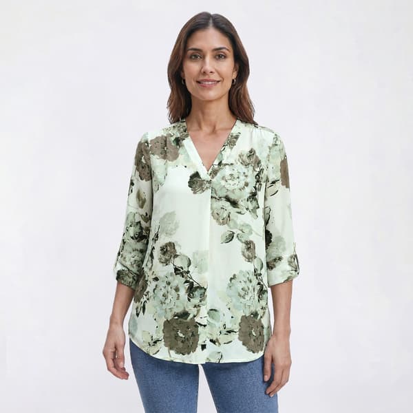 Petite Anne Klein 3/4 Roll Tab Sleeve Floral V Neck Blouse - image 